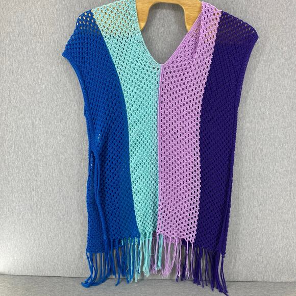 Davi & Dani Oversized Colorblock Crocheted Sweater XL Cover Up Beachy Fringe - Picture 5 of 9